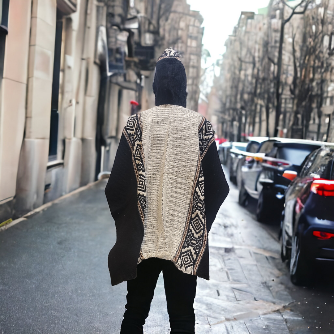 Men's indigenous Black and White fair trade poncho