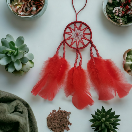 Handmade Red Dreamcatcher with Red Feathers