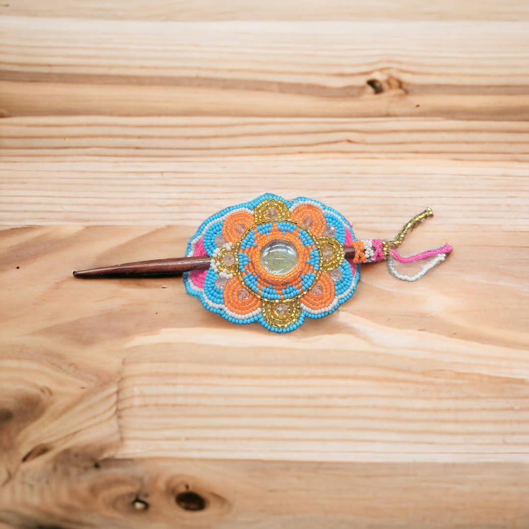 Native American Style  Barrette Orange and Blue accent