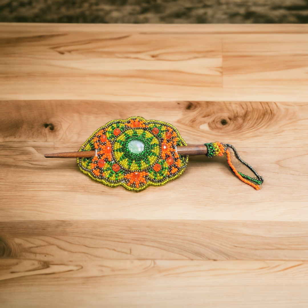 Native American Style  Barrette Orange and Green accent