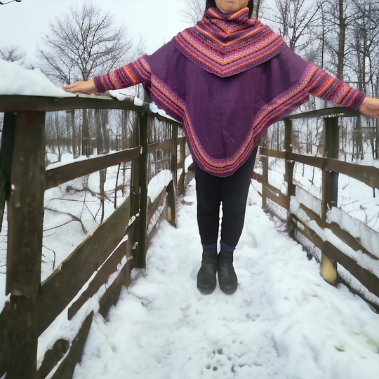 Purple poncho with sleeves is knit of alpaca fibers #0028