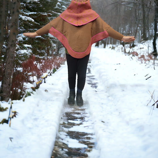 Pink and Brown poncho with sleeves is knit of alpaca fibers #0028