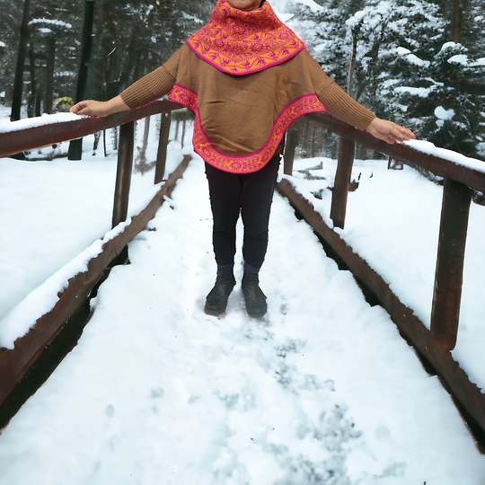 Brown poncho with sleeves is knit of alpaca fibers #0028