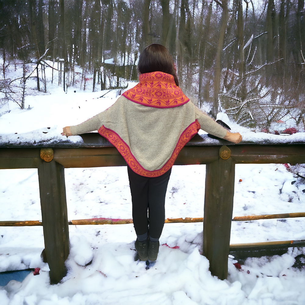 Grey and Red poncho with sleeves is knit of alpaca fibers #0028