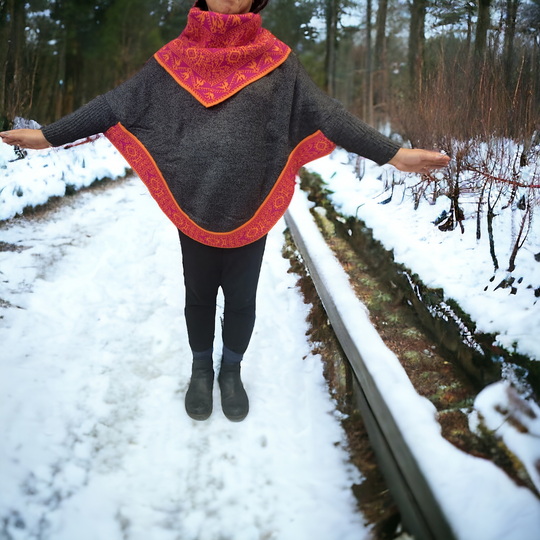 Grey and Pink Cowl Neck Poncho