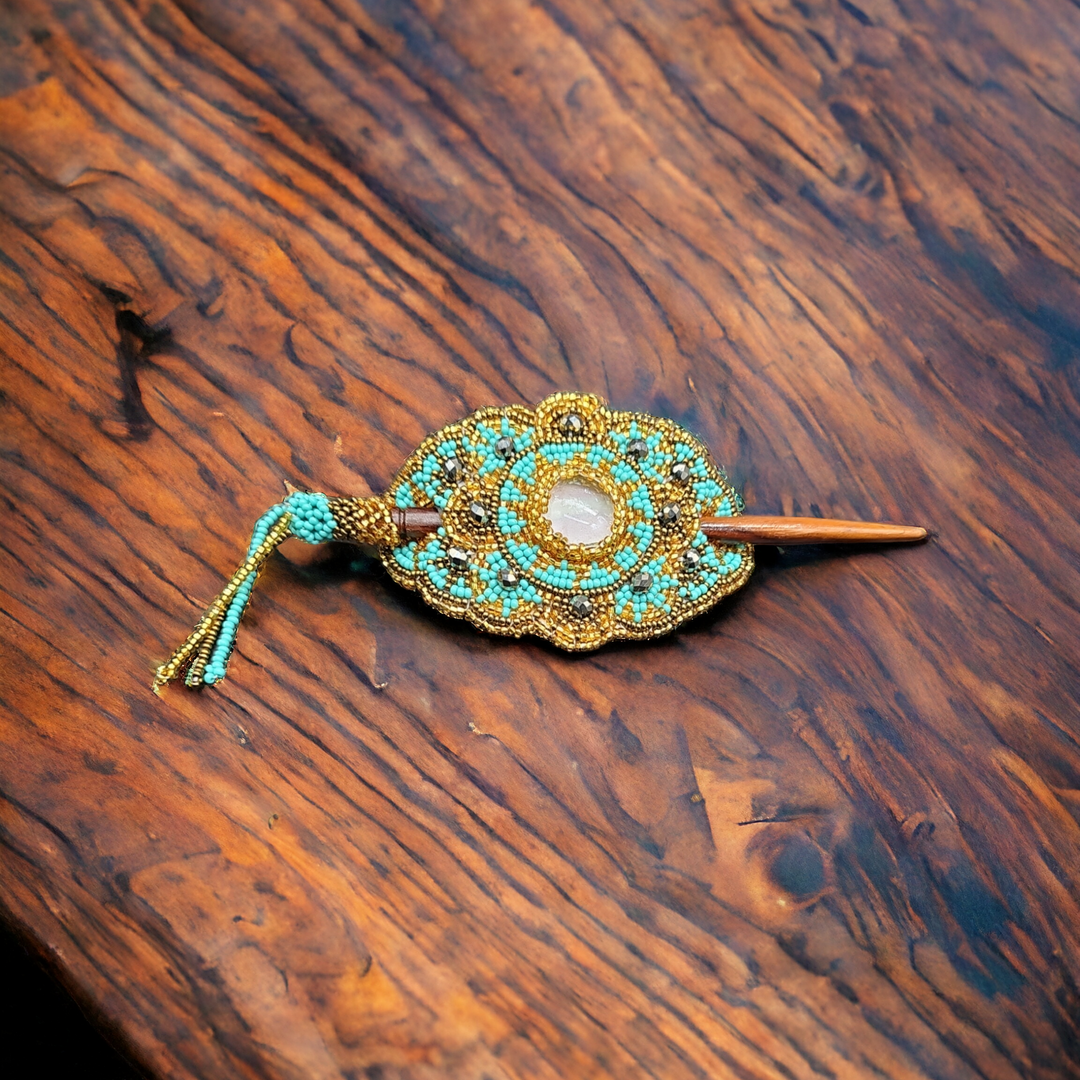 Indigenous style Barrette gold W/ turquoise(3)