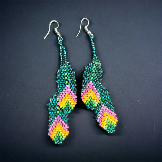 OldTribes™ Green Beaded Feather Earrings