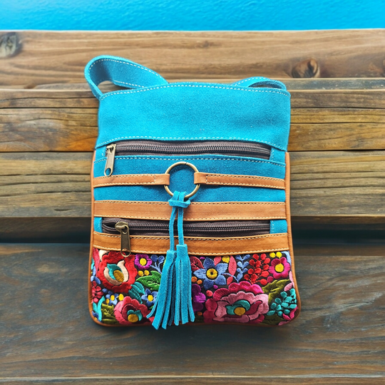 OLDTRIBES™ Leather Embroidery  Crossbody Purse ( 9x8 INCH)(Blue 5 )